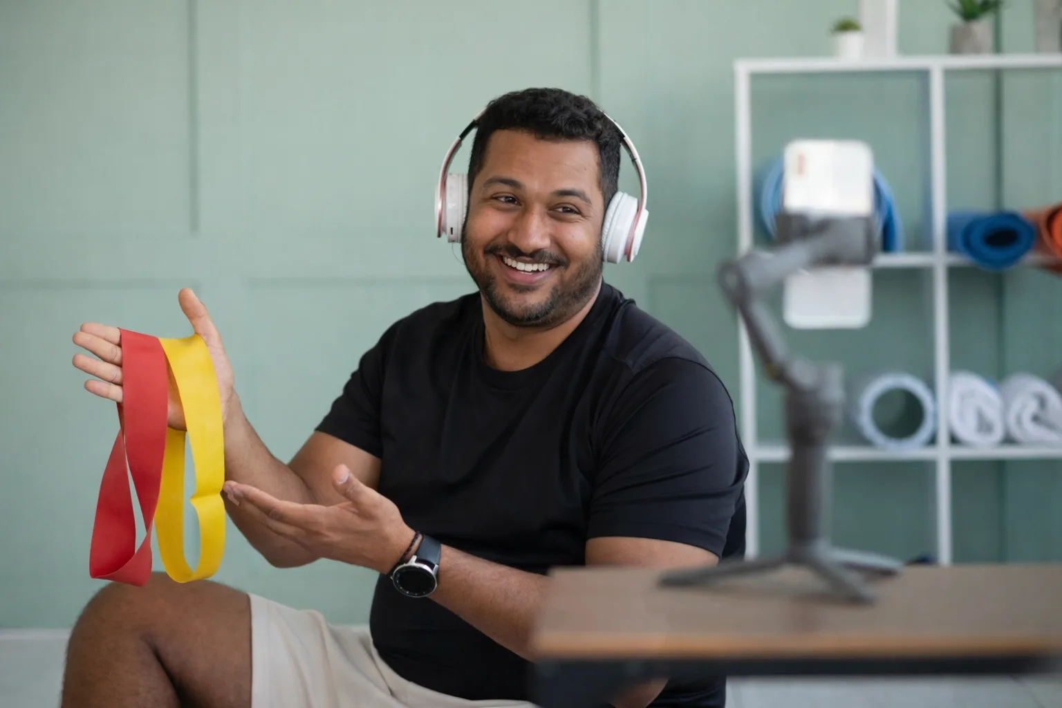Indian expat completing strength training workout at home
