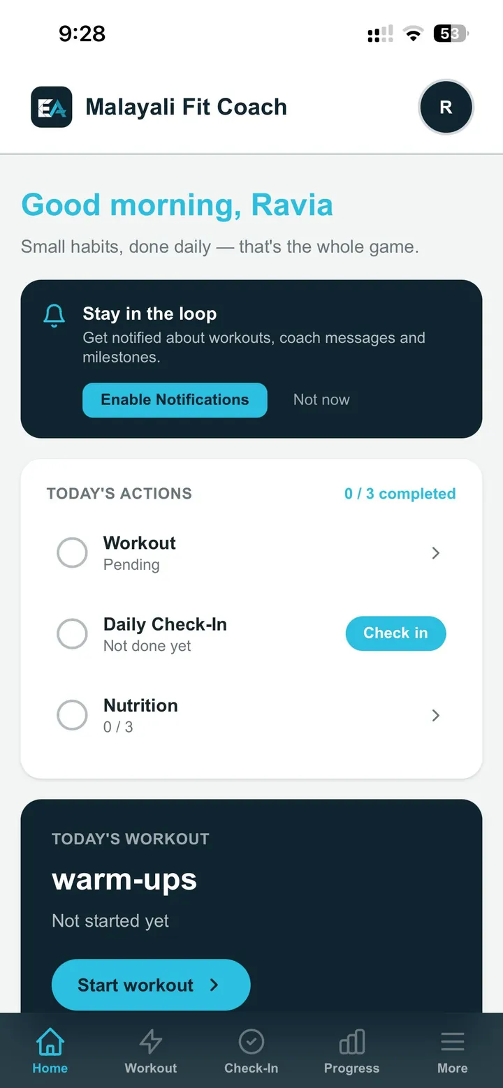 Malayali Fit Coach app dashboard showing the morning greeting and today's actions