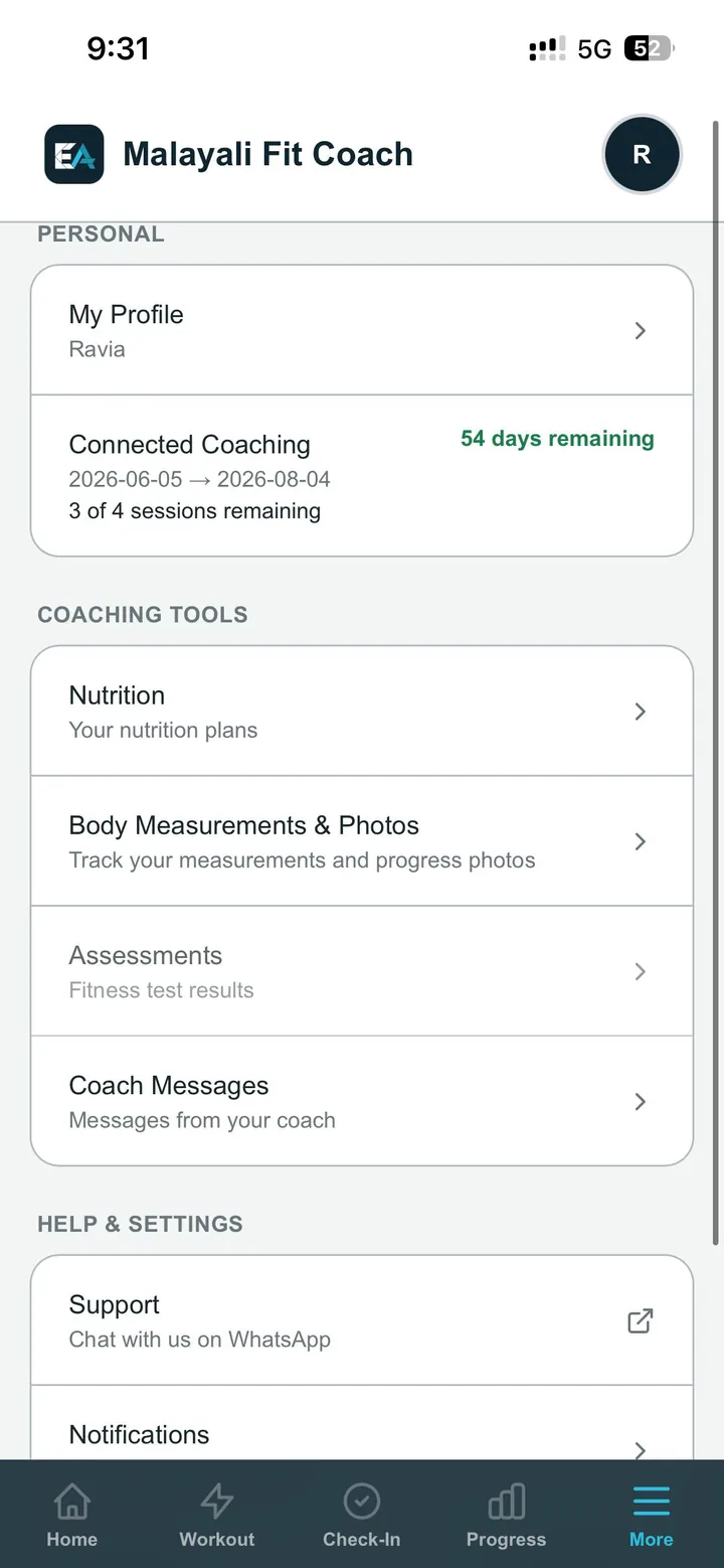 Malayali Fit Coach nutrition plans in the More tab