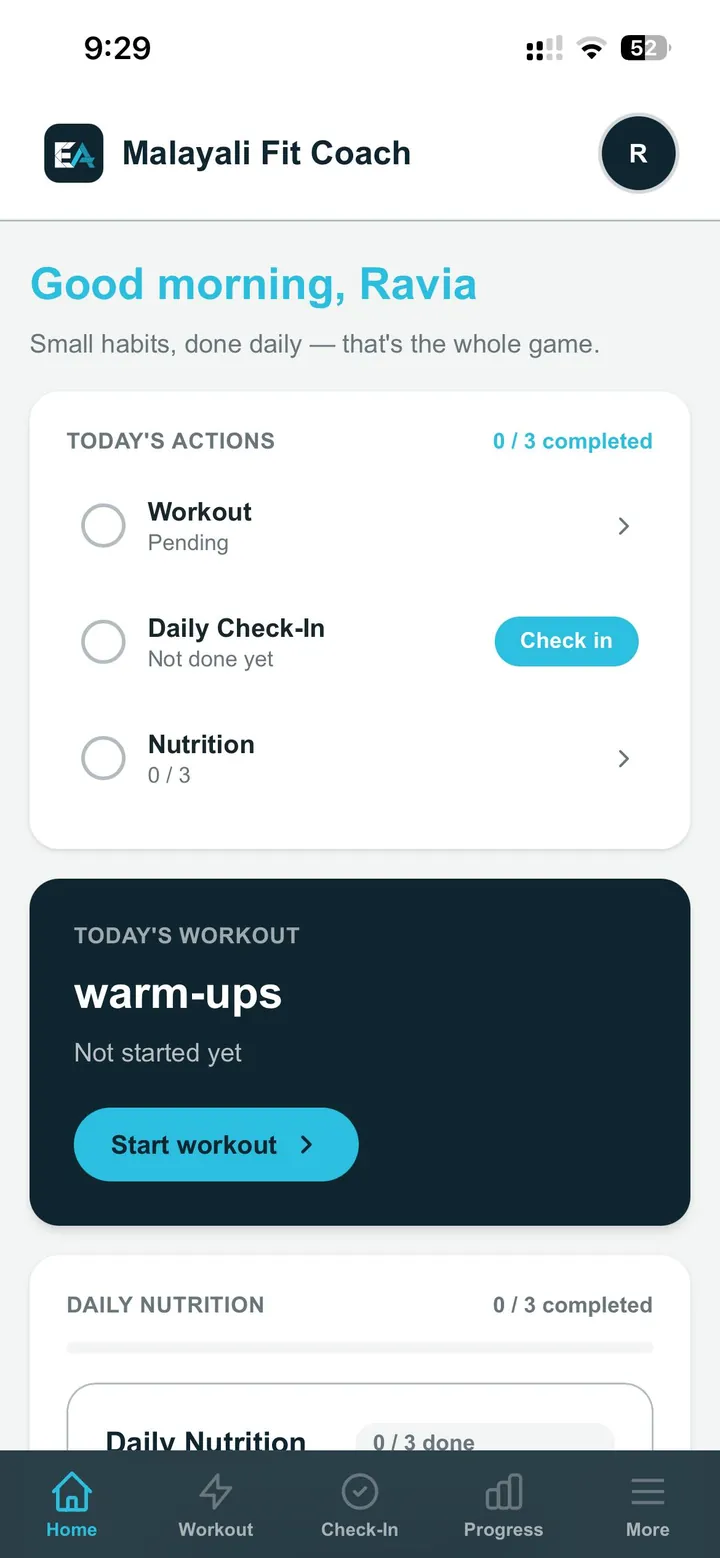 Malayali Fit Coach daily actions — workout, check-in and nutrition tasks