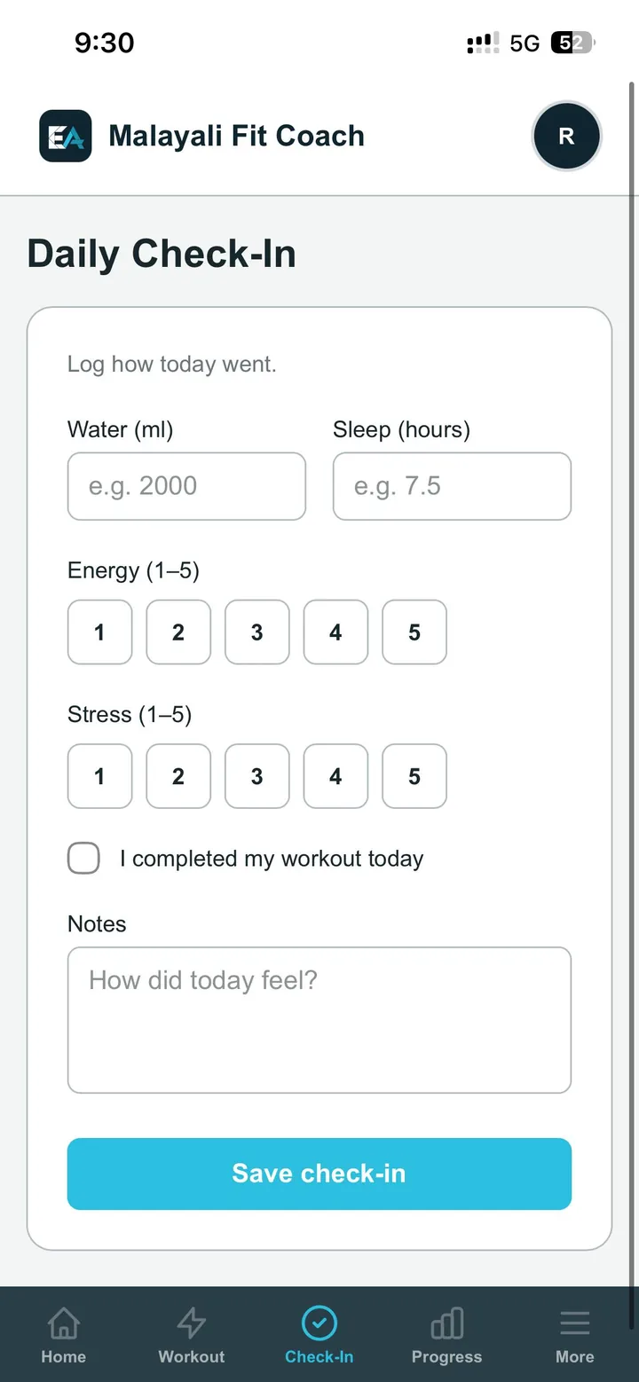 Malayali Fit Coach daily check-in form for water, sleep, energy and stress