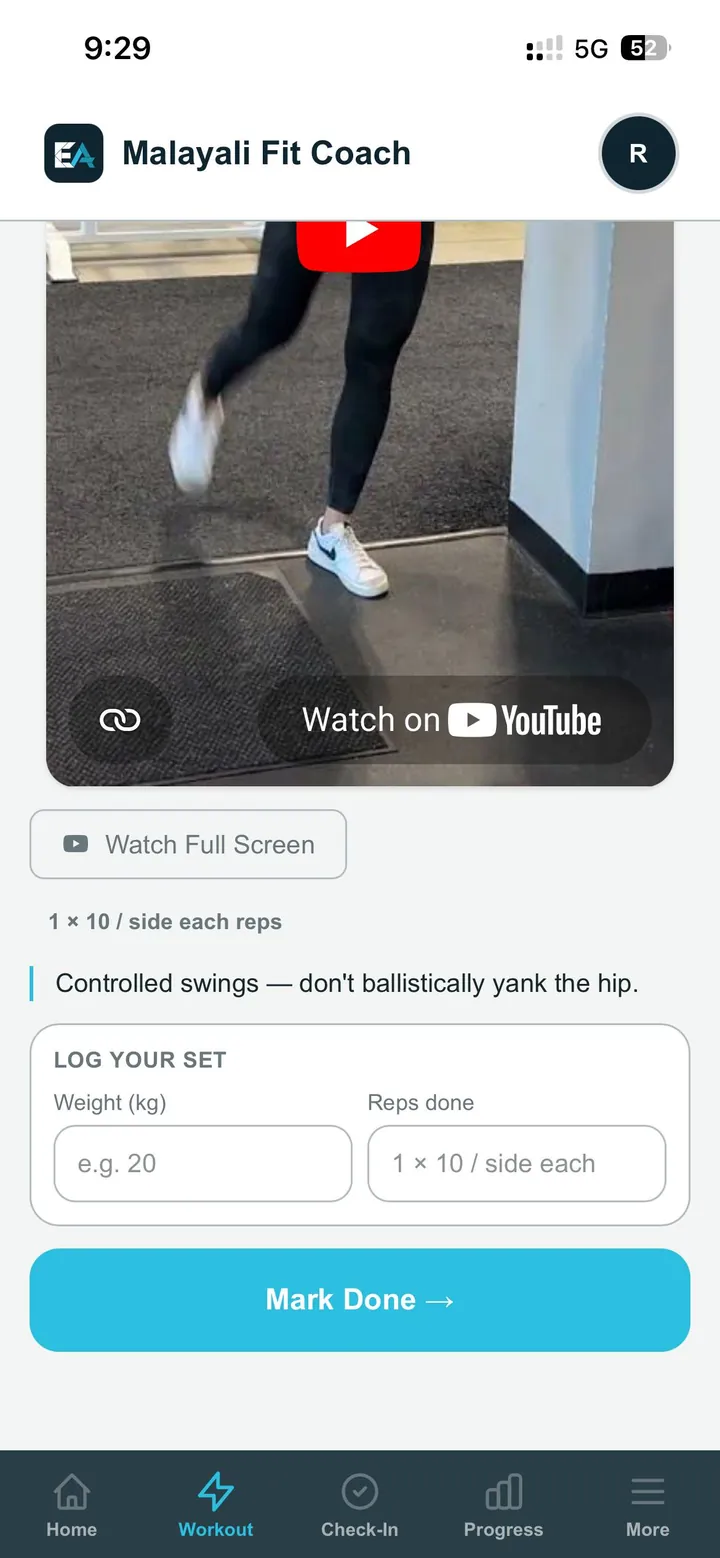 Malayali Fit Coach exercise screen with demo video, reps and set logging
