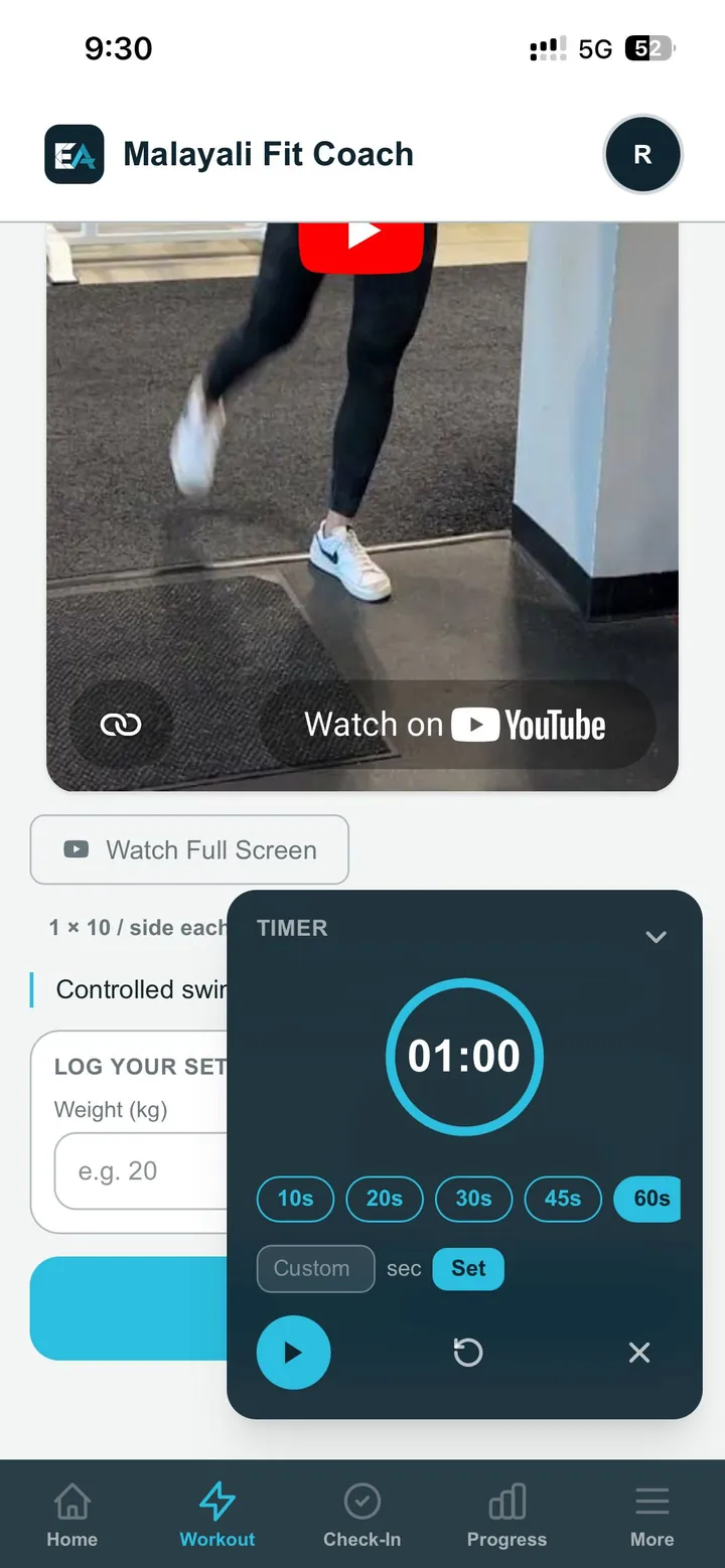 Malayali Fit Coach workout rest timer with quick presets