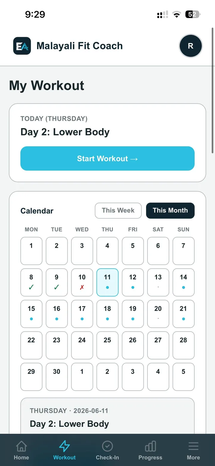 Malayali Fit Coach workout tracking — Day 2 Lower Body with training calendar